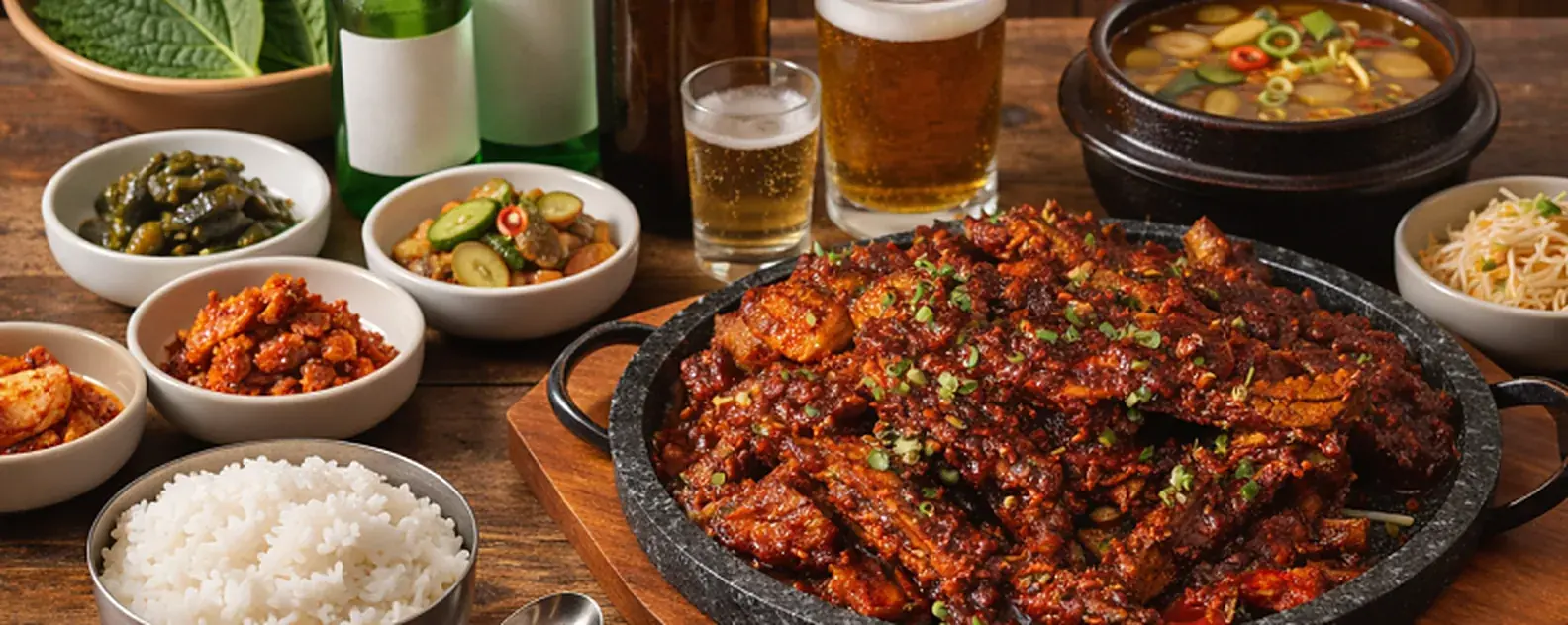 고봉당 돌판 등갈비와 맥주가 놓인 상차림